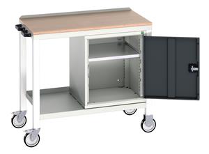 verso mobile welded bench with cupboard & mpx top. WxDxH: 1000x600x930mm. RAL 7035/5010 or selected Verso Mobile Work Benches for assembly and production